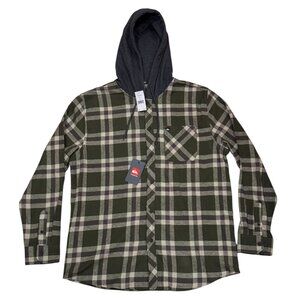 Quiksilver Mens Flannel Hoodie Button Down Plaid Shirt Army Green Size Large New